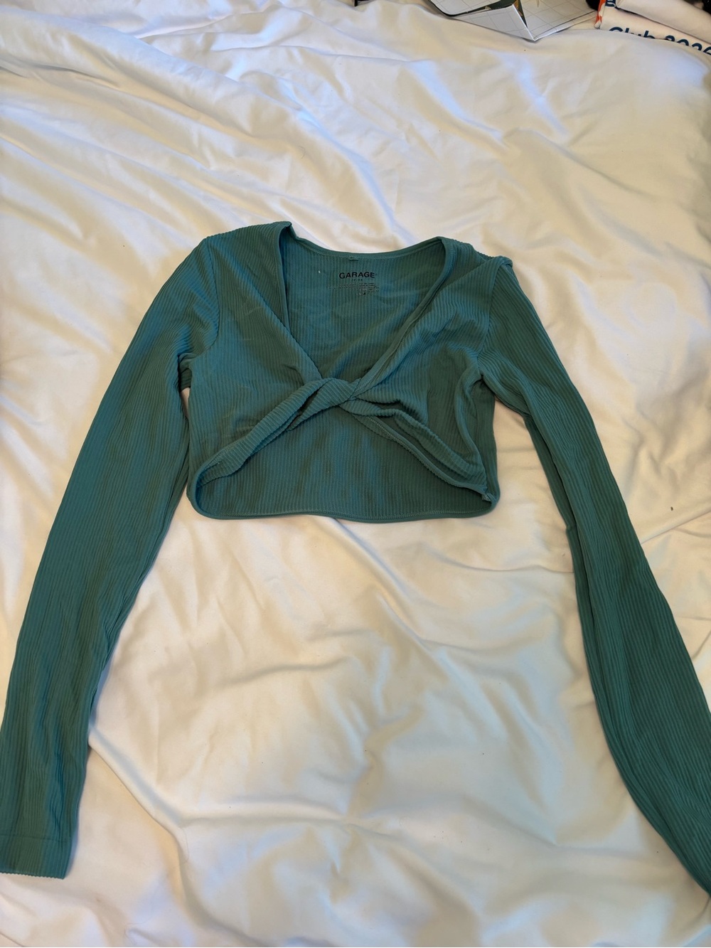 Garage Teal Ribbed Twist-Front Long Sleeve Crop Top